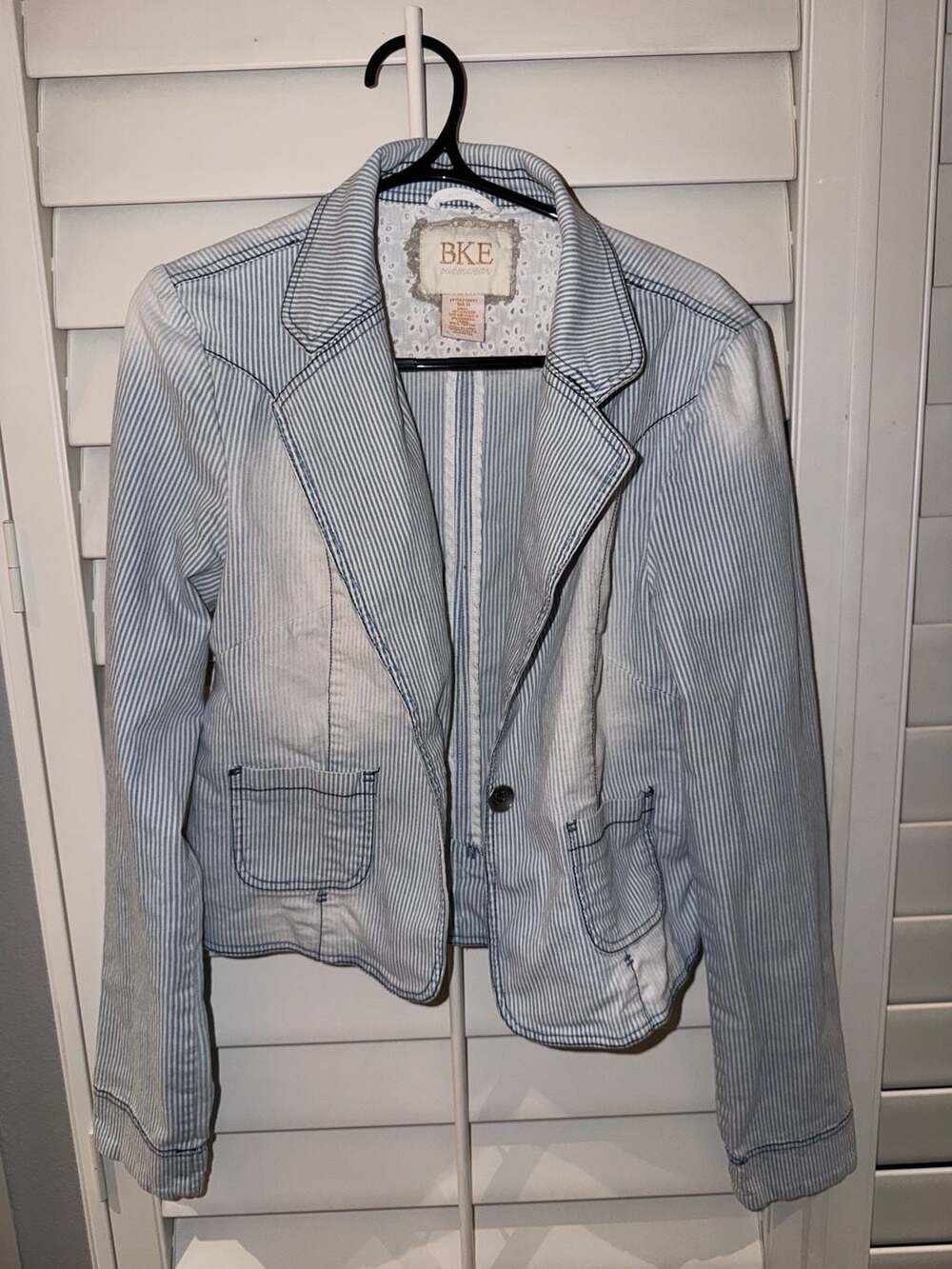BKE Outerwear Blue White Striped Distressed Blazer Jacket Size M
